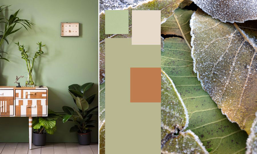 Soggiorno con moodboard in verde salvia.